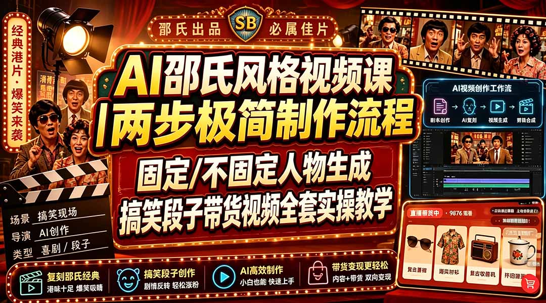 AI邵氏风格视频课｜两步极简制作流程，固定/不固定人物生成，搞笑段子带货视频全套实操教学-副业网