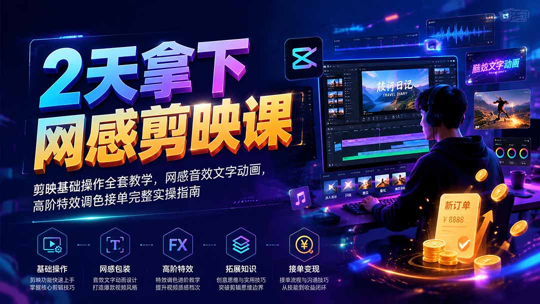 2天拿下网感剪辑课|剪映基础操作全套教学,网感音效文字动画,高阶特效调色接单完整实操指南-副业网