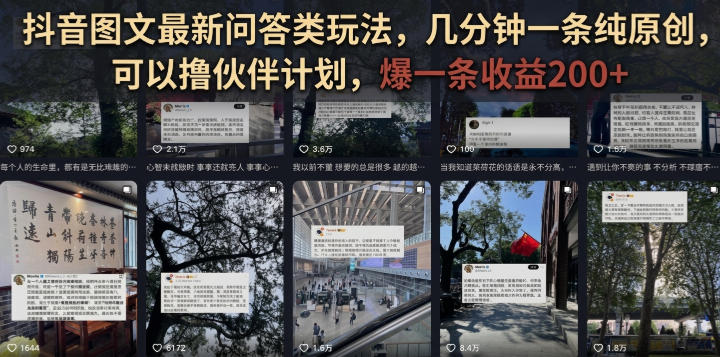 抖音图文最新问答类玩法,几分钟一条纯原创,可以撸伙伴计划,爆一条收益200+-副业网