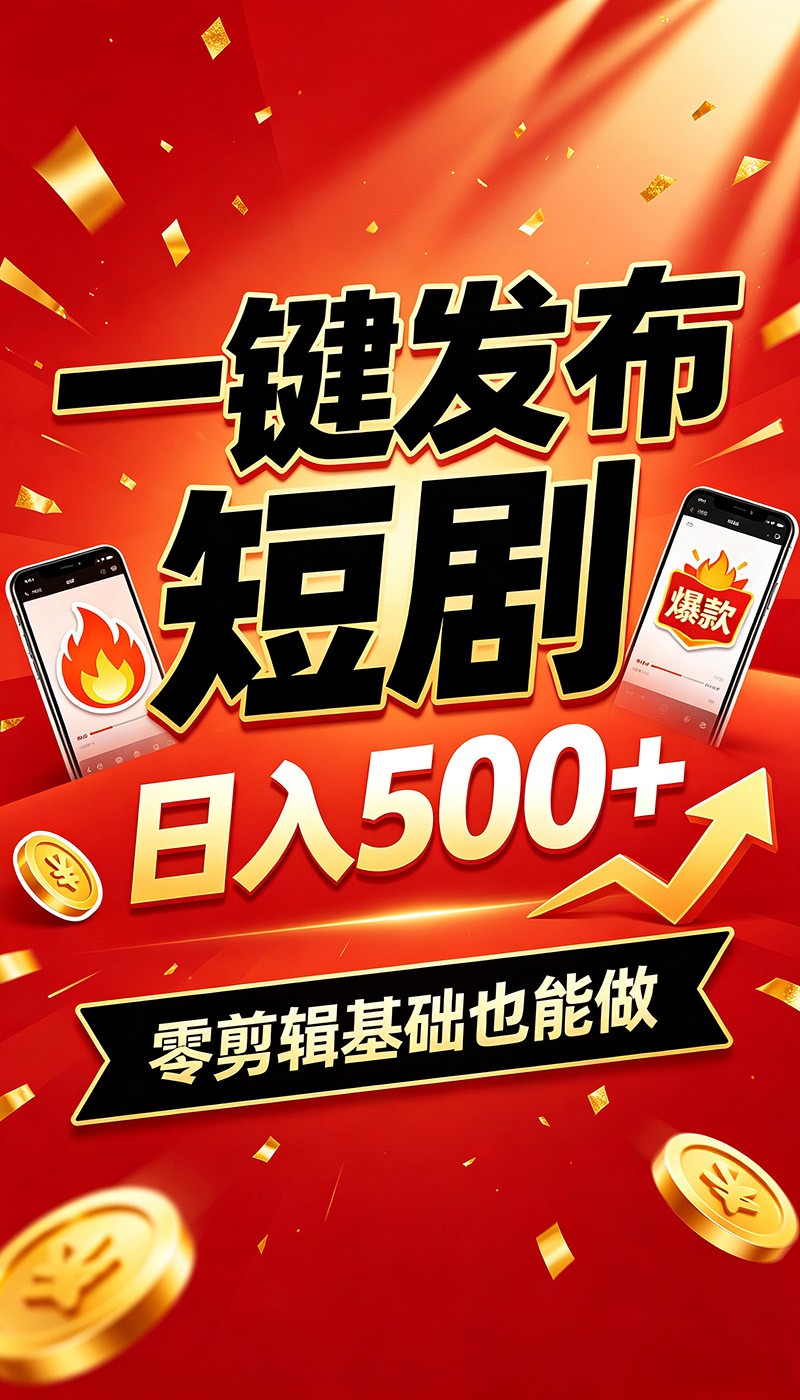 快手短剧一键发布,不用剪辑操作简单,副业日入500+。空闲时间轻松赚收益-副业网