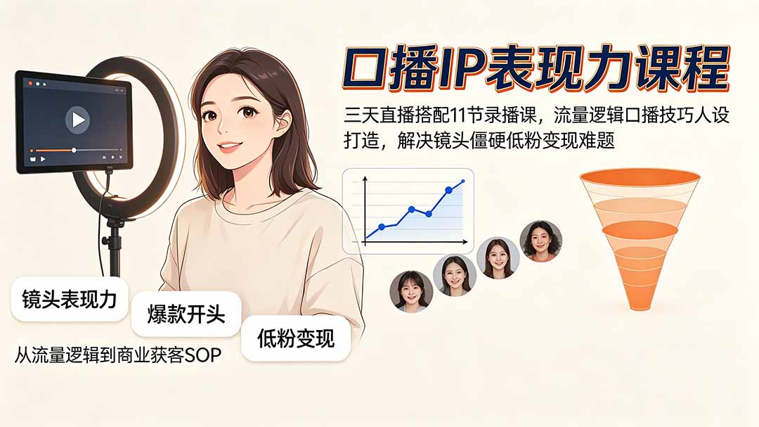 口播IP表现力课程｜三天直播搭配11节录播课，流量逻辑口播技巧人设打造，解决镜头僵硬低粉变现难题-副业网