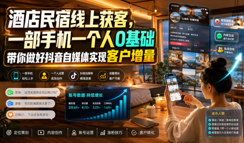 酒店民宿线上获客,一部手机一个人0基础带你做好抖音自媒体实现客户增量-副业网
