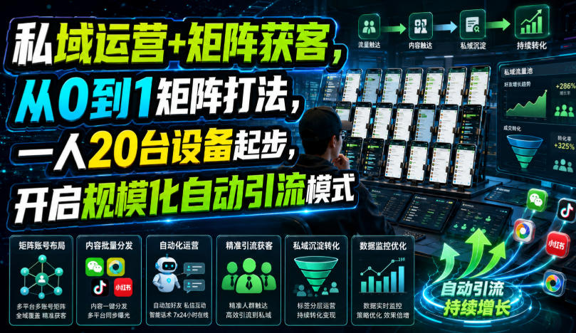 私域运营+矩阵获客,从0到1矩阵打法,一人20台设备起步,开启规模化自动引流模式!-副业网