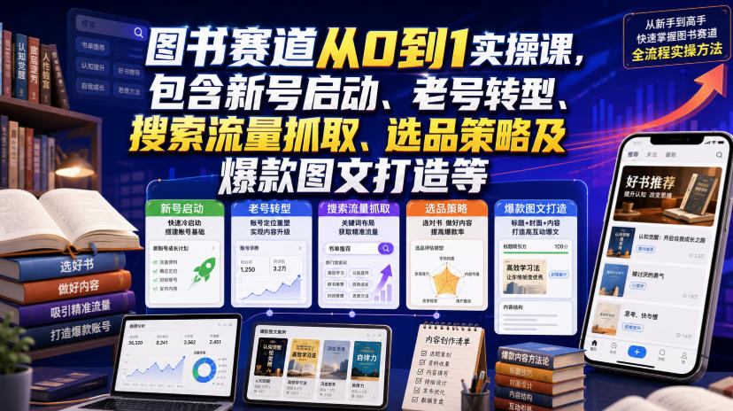 图书赛道从0到1实操课，包含新号启动、老号转型、搜索流量抓取、选品策略及爆款图文打造等-副业网