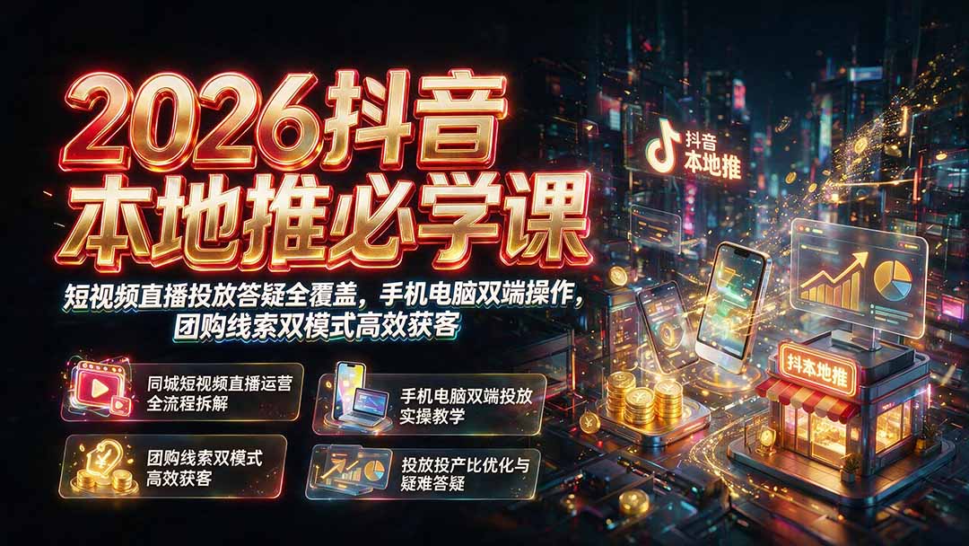 2026抖音本地推必学课｜短视频直播投放答疑全覆盖，手机电脑双端操作，团购线索双模式高效获客-副业网