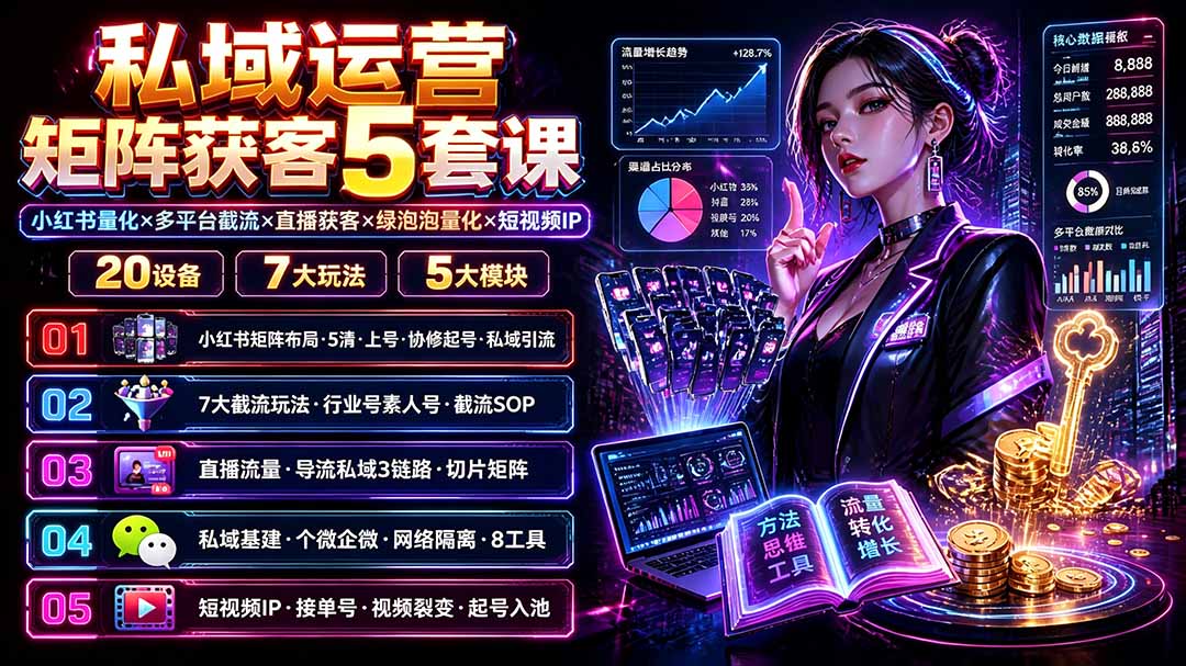 私域运营矩阵获客5套课:小红书量化×多平台截流×直播获客×绿泡泡量化×短视频IP×20设备×7大玩法-副业网