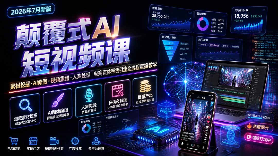 颠覆式AI短视频课｜素材挖掘，AI修图，视频重绘，人声处理｜电商实体带货引流全流程实操教学-副业网