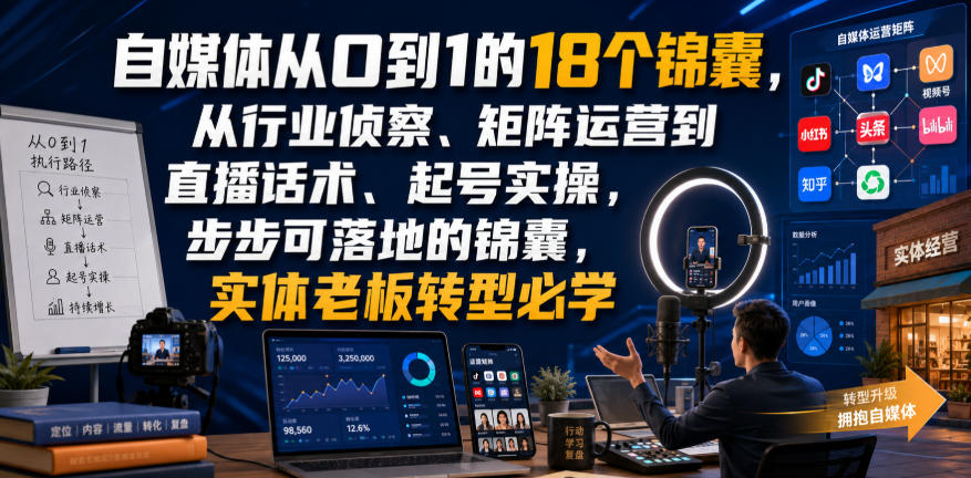 自媒体从0到1的18个锦囊,从行业侦察、矩阵运营到直播话术、起号实操,步步可落地的锦囊,实体老板转型必学-副业网