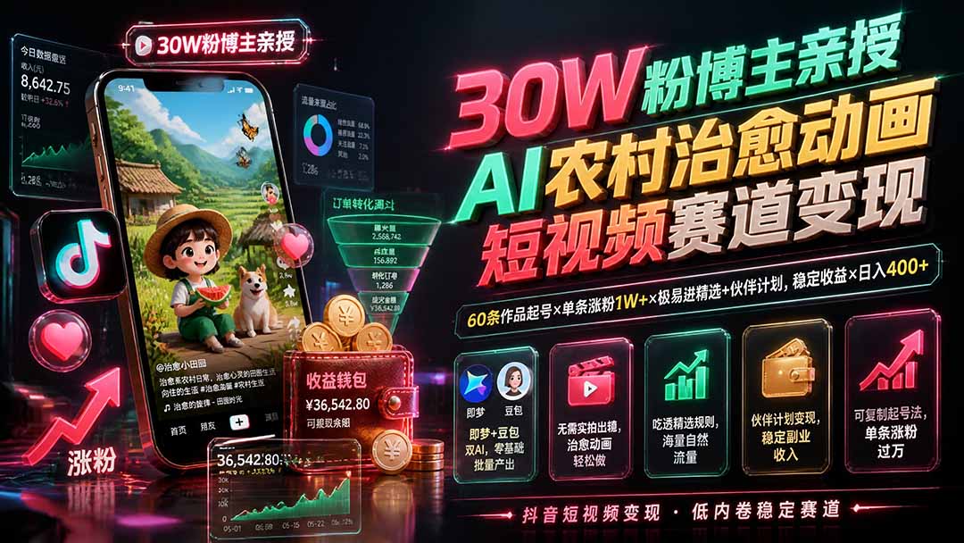 图片[2]-30W粉博主亲授AI农村治愈动画短视频赛道变现：60条作品起号×单条涨粉1W+×极易进精选+伙伴计划，稳定收益×日入400+-副业网