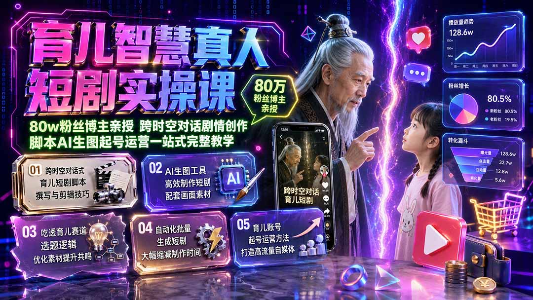 育儿智慧真人短剧实操课｜80w粉丝博主亲授，跨时空对话剧情创作，脚本AI生图起号运营一站式完整教学-副业网