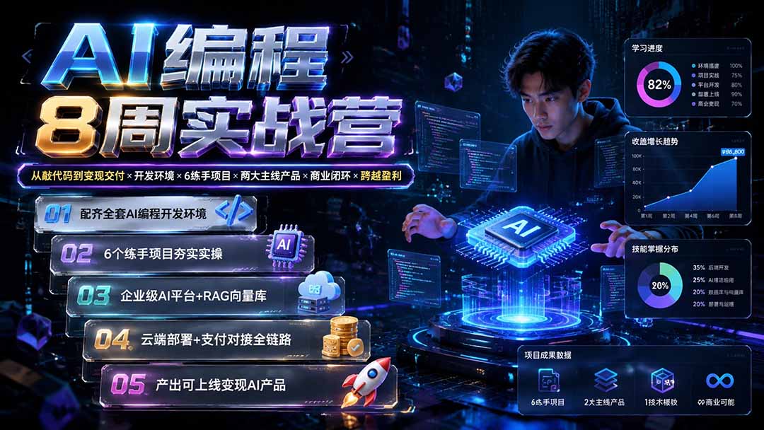AI编程8周实战营:从敲代码到变现交付×开发环境×6练手项目×两大主线产品×商业闭环×跨越盈利-副业网