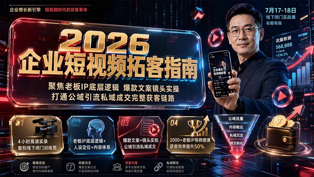 2026企业短视频拓客指南:聚焦老板IP底层逻辑,爆款文案镜头实操,打通公域引流私域成交完整获客链路-副业网