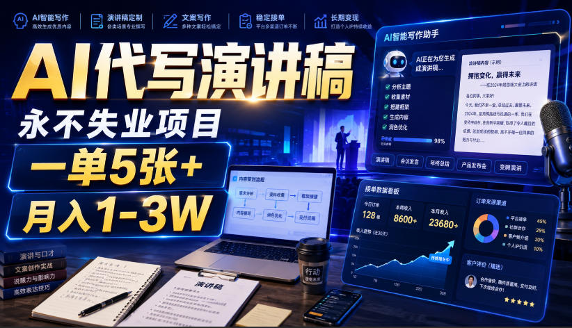 AI代写演讲稿,永不失业项目,一单5张+,月入1-3W【揭秘】-副业网