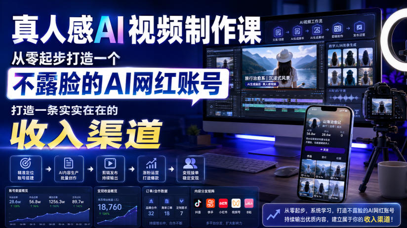 真人感AI视频制作课,从零起步打造一个不露脸的AI网红账号,打造一条实实在在的收入渠道【原创双语字幕】-副业网