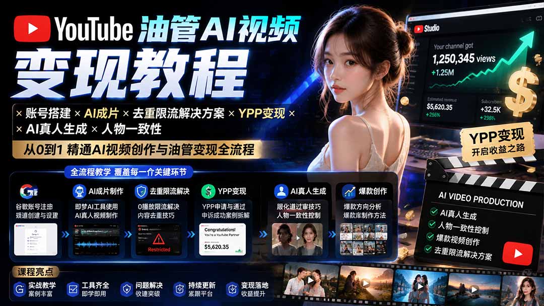 YouTube油管AI视频变现教程:账号搭建×AI成片×去重限流解决方案×YPP变现×AI真人生成×人物一致性-副业网