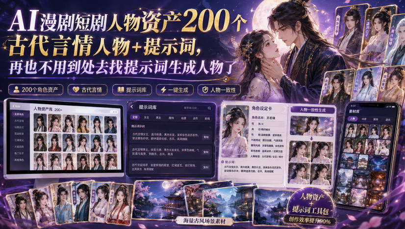 AI漫剧短剧人物资产200个古代言情人物+提示词,再也不用到处去找提示词生成人物了-副业网