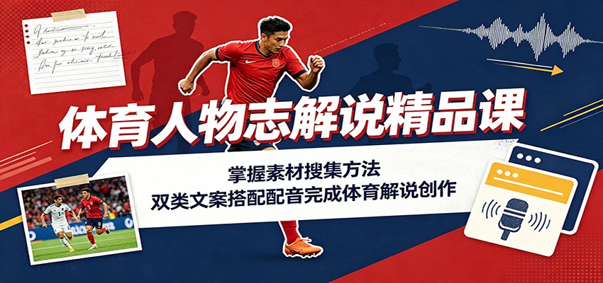 体育人物志解说精品课:掌握素材搜集方法,双类文案搭配配音完成体育解说创作-副业网