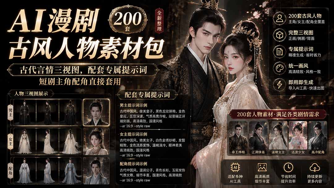图片[2]-AI漫剧古风人物素材包+提示词｜200 套古代言情三视图，配套专属提示词短剧主角配角直接套用-副业网