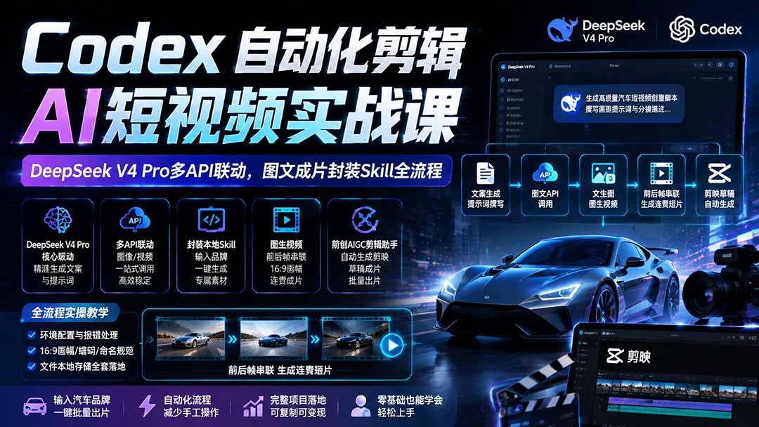 Codex自动化剪辑AI短视频实战课|DeepSeek V4 Pro多API联动,图文成片封装Skill全流程-副业网