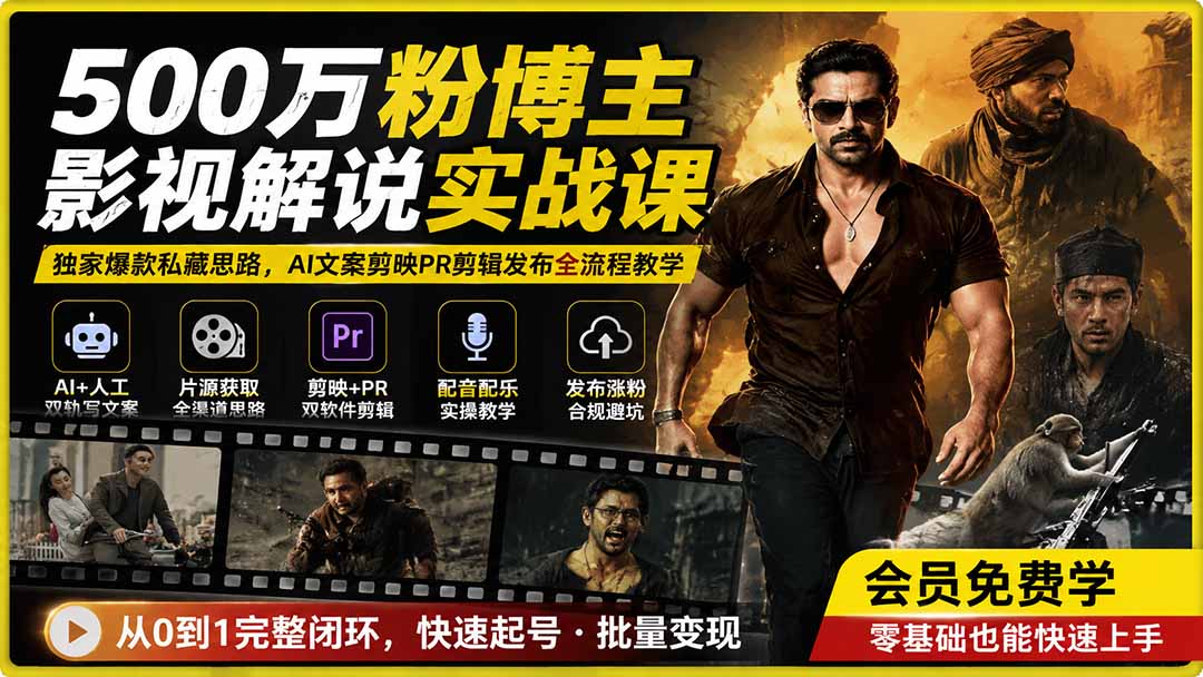 500万粉博主影视解说实战课|独家爆款私藏思路,AI文案剪映PR剪辑发布全流程教学-副业网