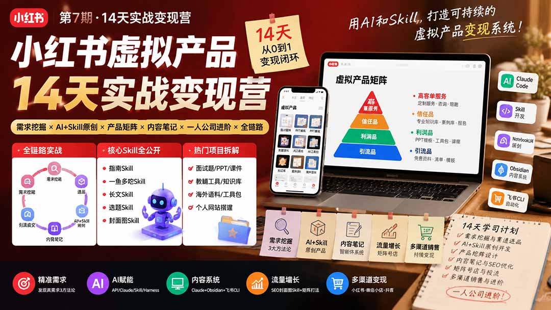 小红书虚拟产品14天实战变现营-第7期:需求挖掘×AI+Skill原创×产品矩阵×内容笔记×一人公司进阶×全链路-副业网