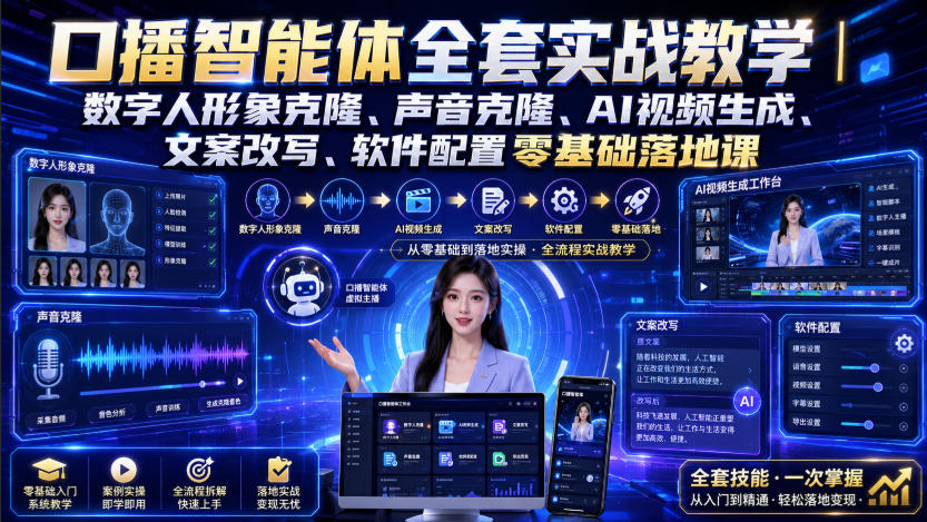 口播智能体全套实战教学｜数字人形象克隆、声音克隆、AI视频生成、文案改写、软件配置零基础落地课-副业网
