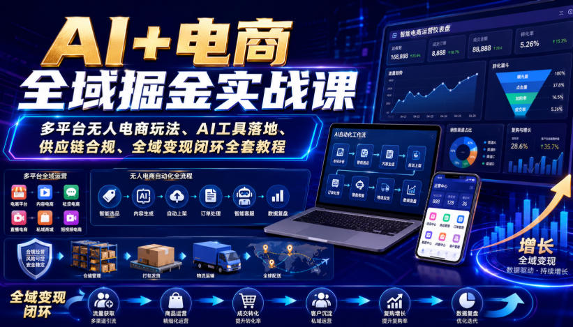 AI+电商全域掘金实战课|多平台无人电商玩法、AI工具落地、供应链合规、全域变现闭环全套教程-副业网