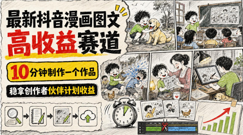 最新抖音漫画图文高收益赛道,10分钟制作一个作品,稳拿创作者伙伴计划收益-副业网