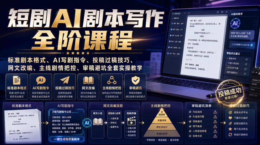 短剧AI剧本写作全阶课程|标准剧本格式、AI写剧指令、投稿过稿技巧、网文改编、主线剧情把控、审稿避坑全套实操教学-副业网