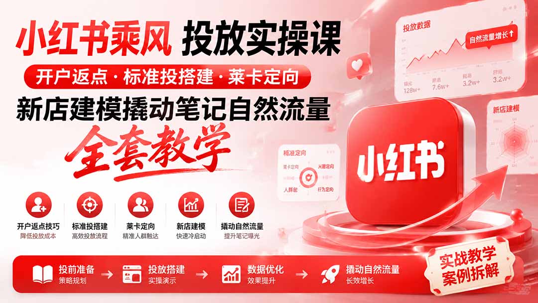 小红书乘风投放-100分钟实操课|开户返点·标准投搭建·莱卡定向,新店建模撬动笔记自然流量全套教学-副业网