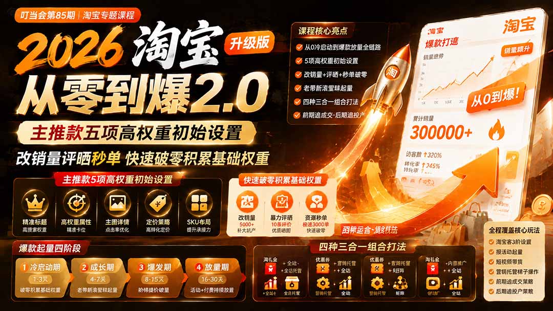 2026淘宝从零到爆2.0第85期;主推款五项高权重初始设置,改销量评晒秒单快速破零积累基础权重-副业网