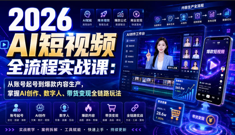 2026 AI短视频全流程实战课:从账号起号到爆款内容生产,掌握AI创作、数字人、带货变现全链路玩法-副业网