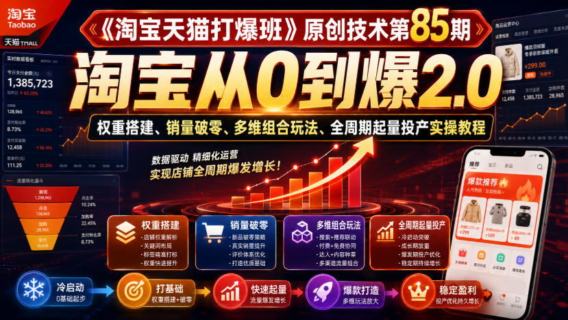 《淘宝天猫打爆班》原创技术第85期,淘宝从0到爆2.0,权重搭建、销量破零、多维组合玩法、全周期起量投产实操教程-副业网