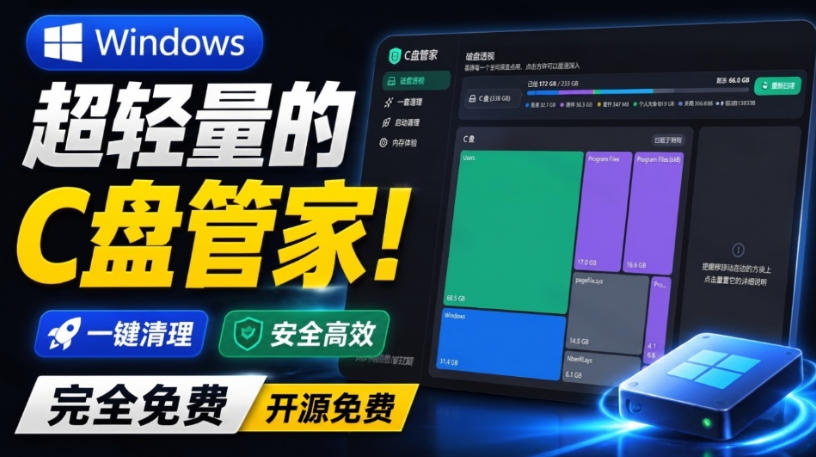 Windows超轻量的C盘管家!超级有特点,支持磁盘分析及清理提醒,2M大小体积,完全免费C盘管家-副业网