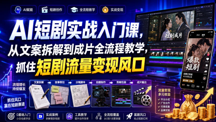 AI短剧实战入门课,从文案拆解到成片全流程教学,抓住短剧流量变现风口-副业网