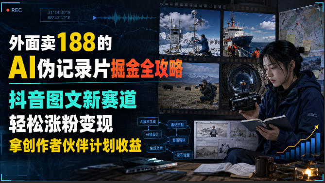 外面卖188的AI伪记录片掘金全攻略,抖音图文新赛道,轻松涨粉变现,拿创作者伙伴计划收益【文档】-副业网
