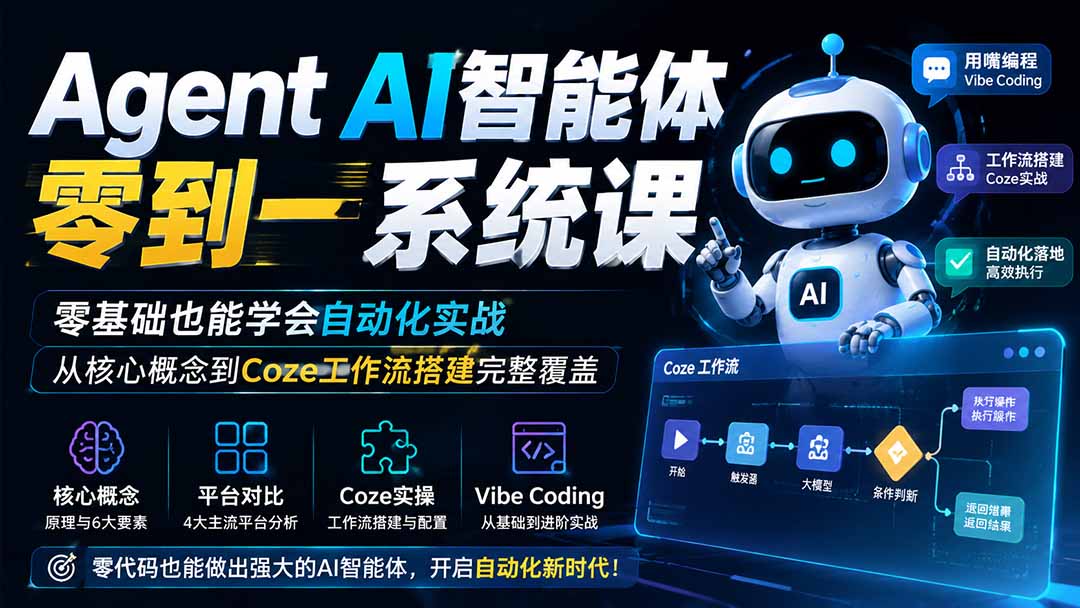 Agent AI智能体零到一系统课;零基础也能学会自动化实战,从核心概念到Coze工作流搭建完整覆盖-副业网