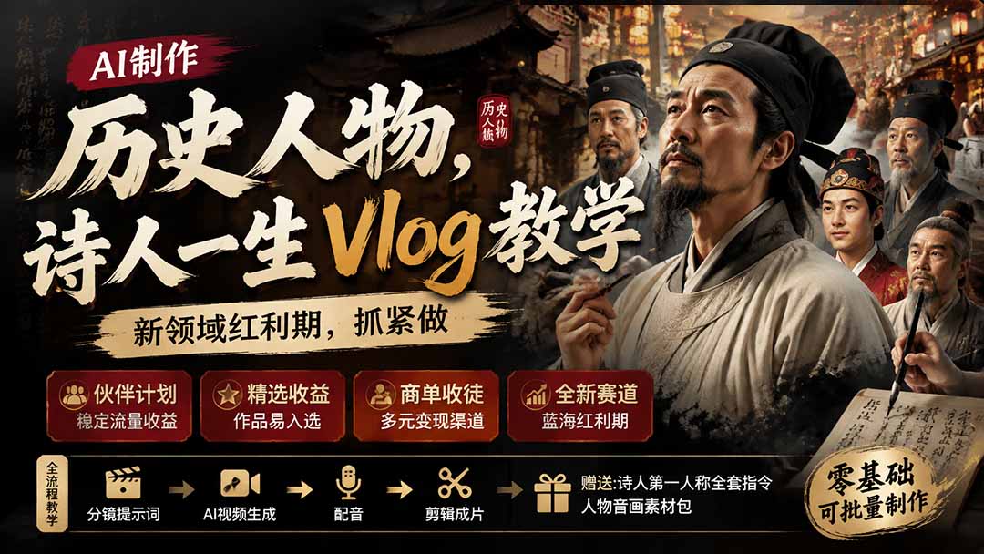 历史人物,诗人一生Vlog教学, AI制作丨伙伴计划丨精选收益丨商单收徒 ,新领域红利期,抓紧做-副业网