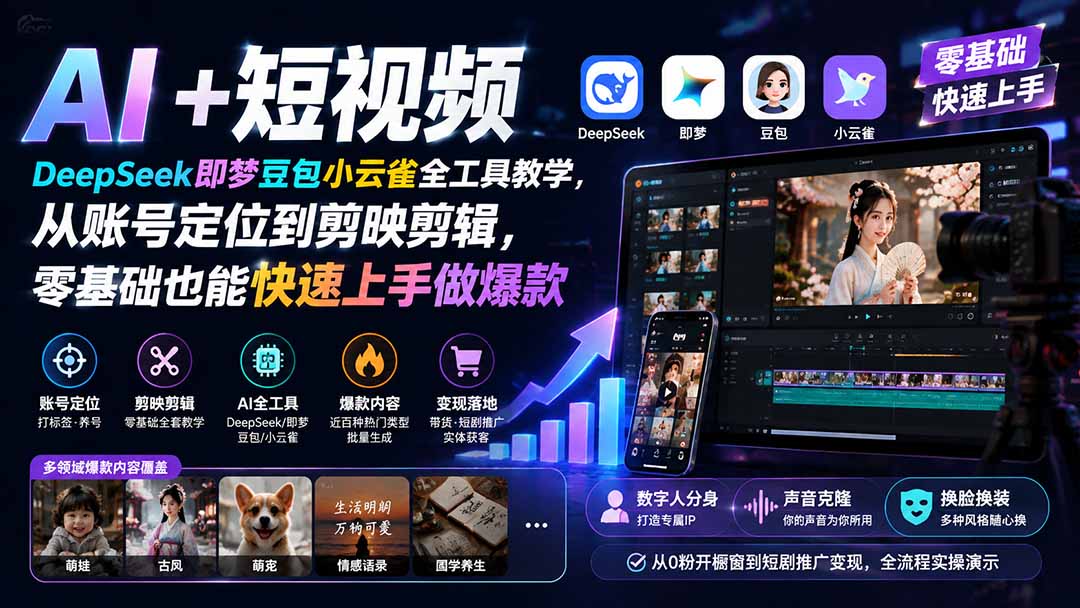 图片[2]-AI+短视频｜DeepSeek即梦豆包小云雀全工具教学，从账号定位到剪映剪辑，零基础也能快速上手做爆款-副业网