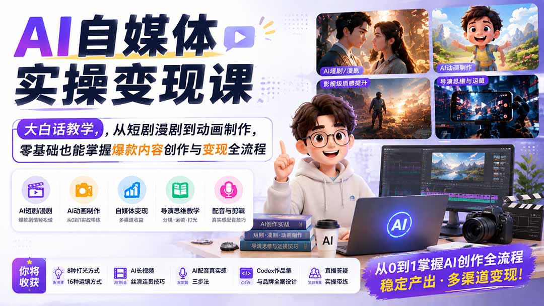 AI自媒体实操变现课｜大白话教学，从短剧漫剧到动画制作，零基础也能掌握爆款内容创作与变现全流程-副业网