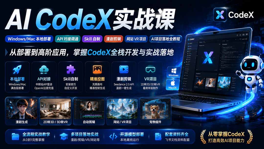 AI CodeX实战课|Windows/Mac 本地部署|API 对接调通|Skill 自制|漫剧剪辑|网站 VR 项目|AI项目落地全教程-副业网