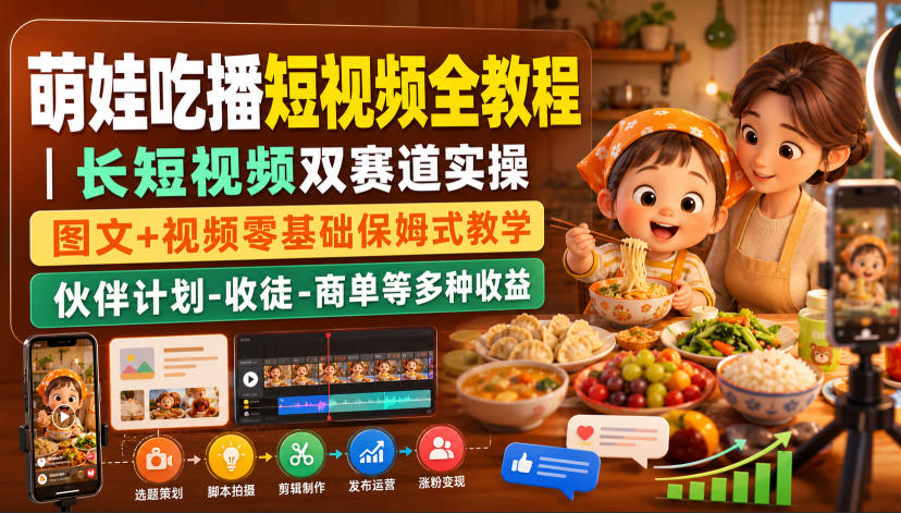 萌娃吃播短视频全教程|长短视频双赛道实操,图文+视频零基础保姆式教学,伙伴计划-收徒-商单等多种变现方式-副业网