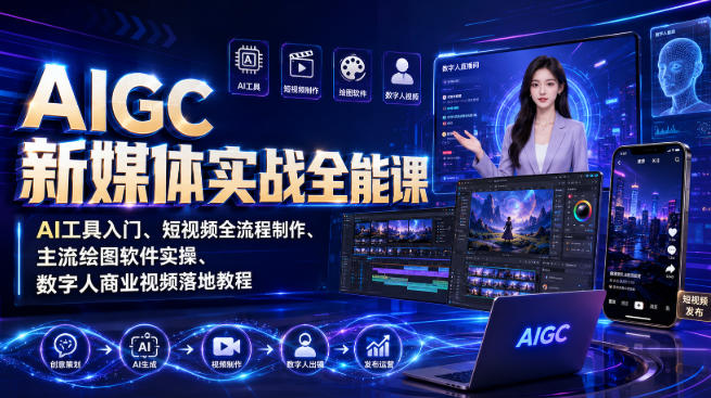AIGC新媒体实战全能课|AI工具入门、短视频全流程制作、主流绘图软件实操、数字人商业视频落地教程-副业网