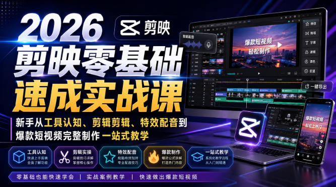 2026剪映零基础速成实战课|新手从工具认知、剪辑剪辑、特效配音到爆款短视频完整制作一站式教学-副业网