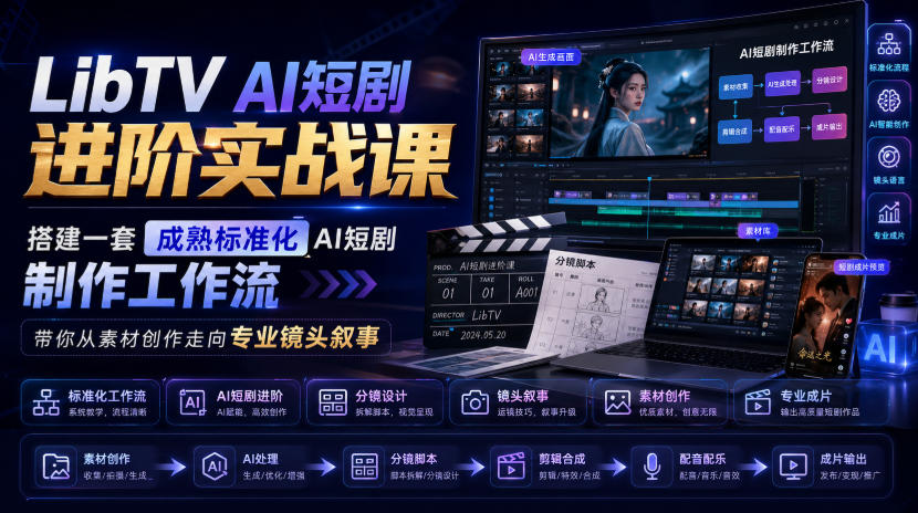 LibTV AI短剧进阶实战课,搭建一套成熟标准化AI短剧制作工作流,带你从素材创作走向专业镜头叙事-副业网