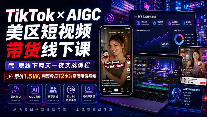 TikTok×AIGC美区短视频带货线下课,原线下两天一夜实战课程,原价1.5W,完整收录12小时高清授课视频-副业网