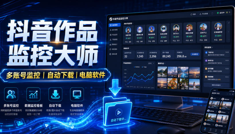抖音作品监控大师,多账号监控丨自动下载丨电脑软件-副业网