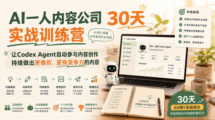 AI一人内容公司30天实战训练营,让Codex Agent自动参与内容创作持续做出更像你、更有竞争力的内容-副业网