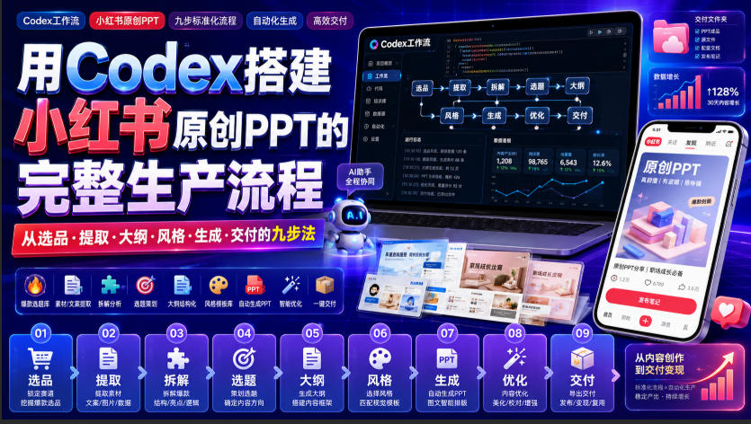 用Codex搭建小红书原创PPT的完整生产流程,从选品·提取·大纲·风格·生成·交付的九步法-副业网