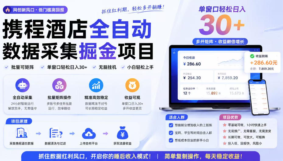 携程酒店采集挂G项目,批量可矩阵,单机轻松日入300+,开启你的睡后收入模式!【揭秘】-副业网